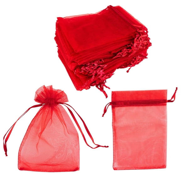 100 Pack 5x7 Inch Mini Sheer Drawstring Organza Transparent Bags Jewelry Sack Pouches for Wedding, Party Decorations, Arts & crafts gifts (Red)