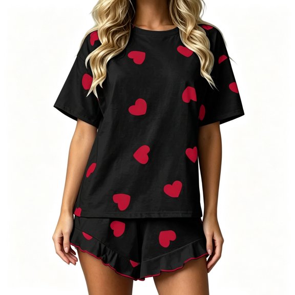 Uaswgudfs Women's Heart Print Pajama Set Short Sleeve Crewneck Top Ruffled Shorts Loose Fit 2 Piece Sleepwear for Home Summer