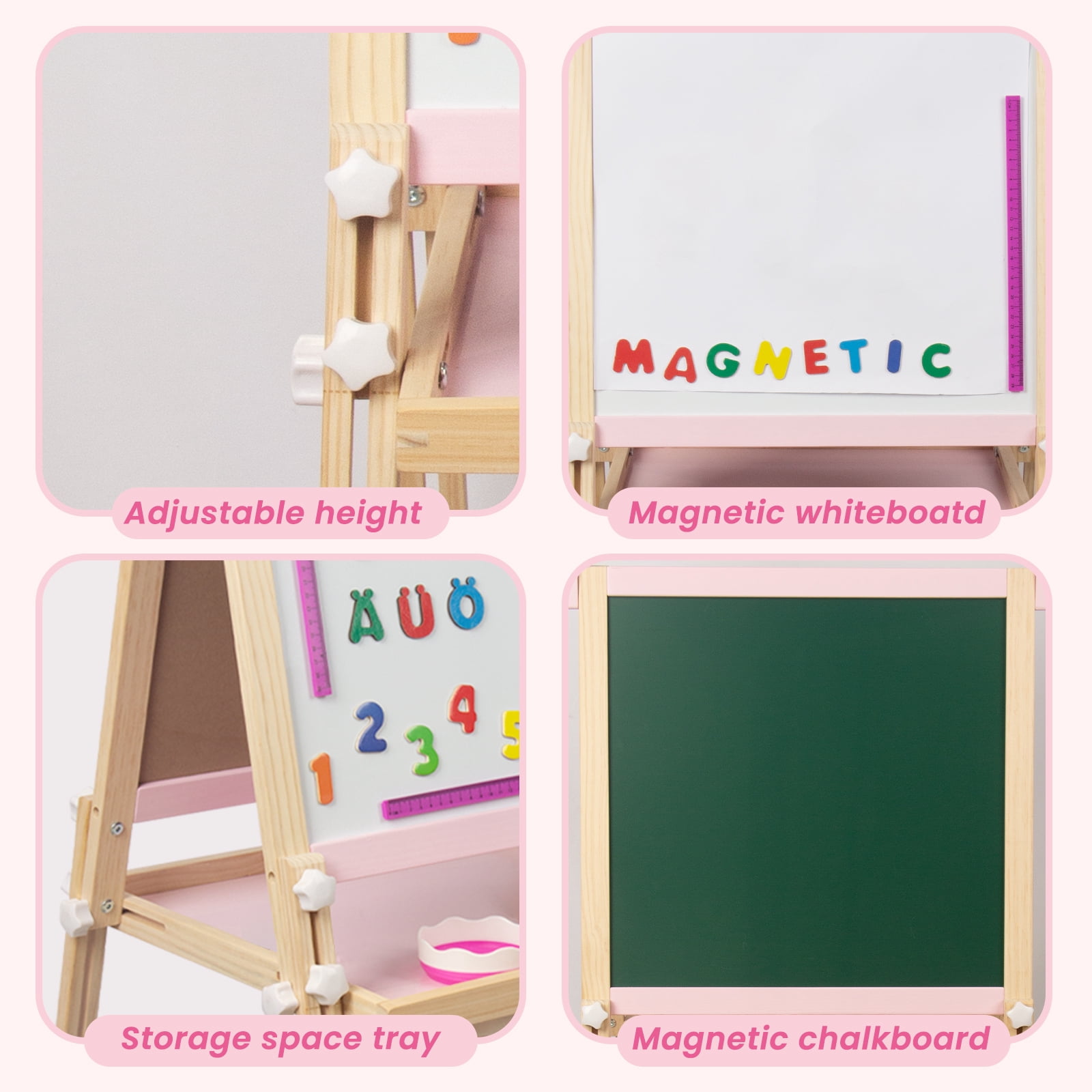 Kids Wooden Easel with Paper Roll, Adjustable Magnetic Double Sided Drawing Board Whiteboard & Chalkboard Dry Easel Board, Children Art Easel for 3-12 Years Kids Boys Girls Painting Drawing