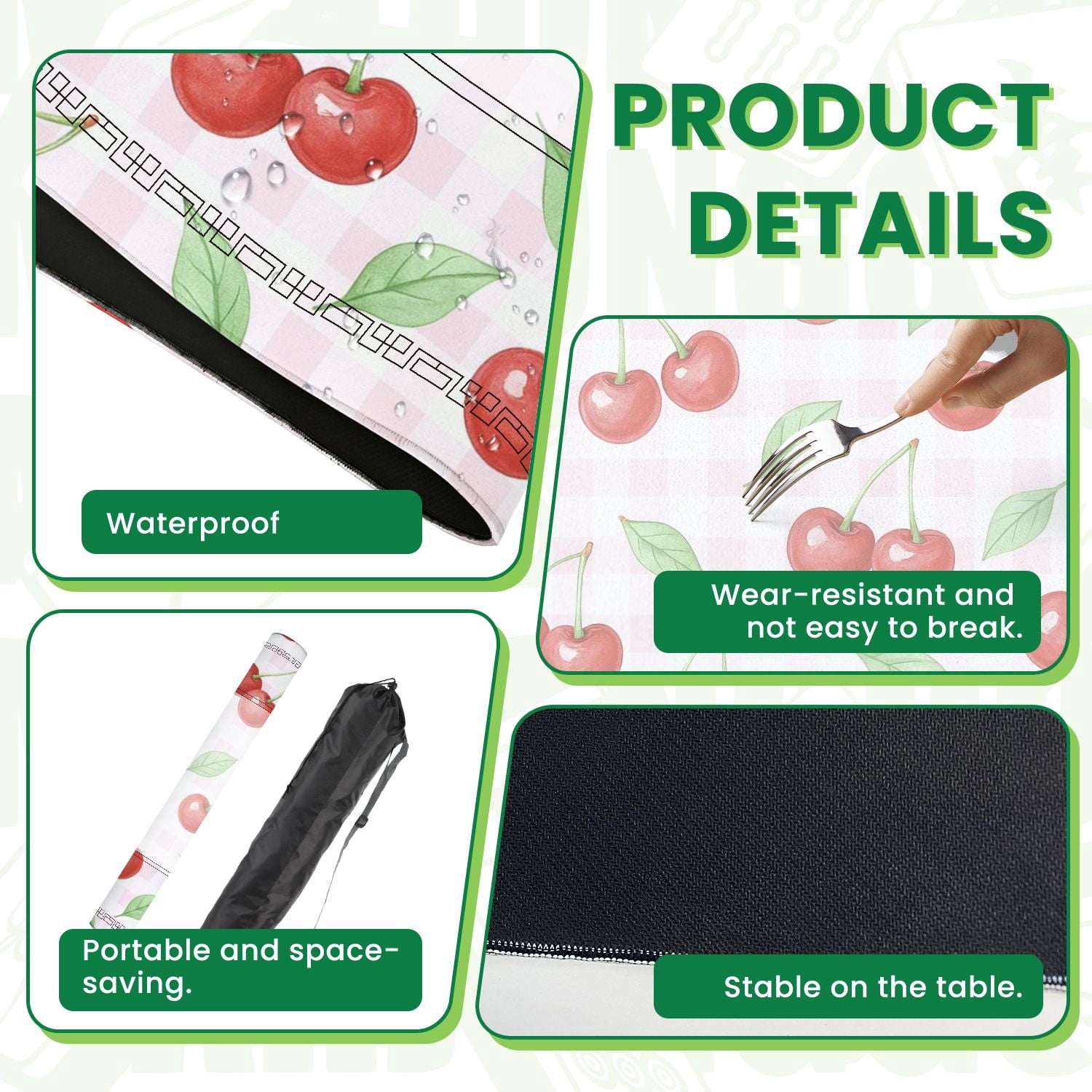 Mahjong Mat 31.5" x 31.5" Red Cherries Green Leaves Pink Gingham Non-Slip Noise Reduction American Mahjong Tiles Table Cover for Dominoes Poker Card Board Games Gift