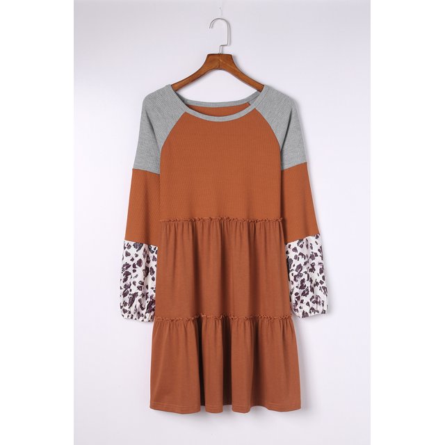ABPHQTO Vestido de mujer de manga larga con patchwork de leopardo de punto waffle marrón