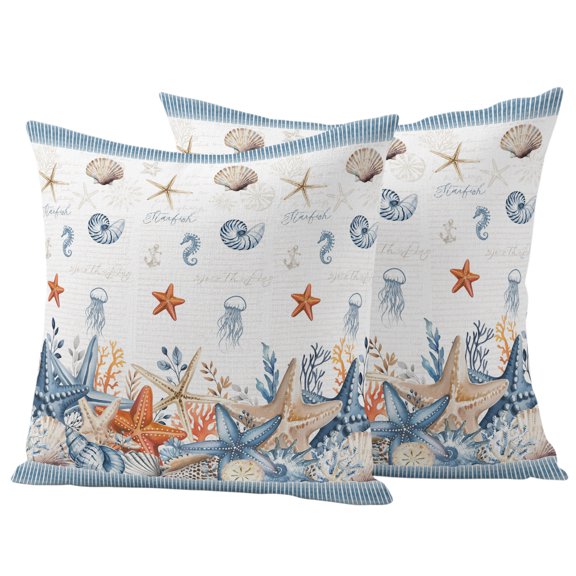 Outdoor Pillow Covers 26x26 Set of 2, Orange Blue Starfish Coastal Waterproof Patio Throw Pillow Covers for Couch Sofa Chair, Summer Beach Coral Shell Nautical Pillowcases for Throw Pillows