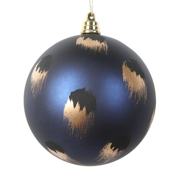 Vickerman 4" Matte Midnight Blue Ball Ornament with Gold and Black Brush Strokes, 4 per bag.