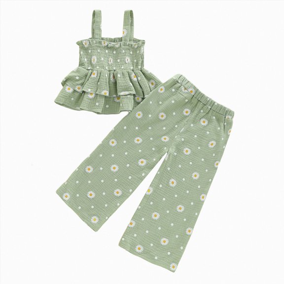 newwalpole Toddler Kids Girl Summer Outfit 6 9 12 18 24 Months 2T 3T 4T 5T Plaid Clothes Bow Sling Ruffle Top Waffle Pants Set Green for Size 12-18 Months