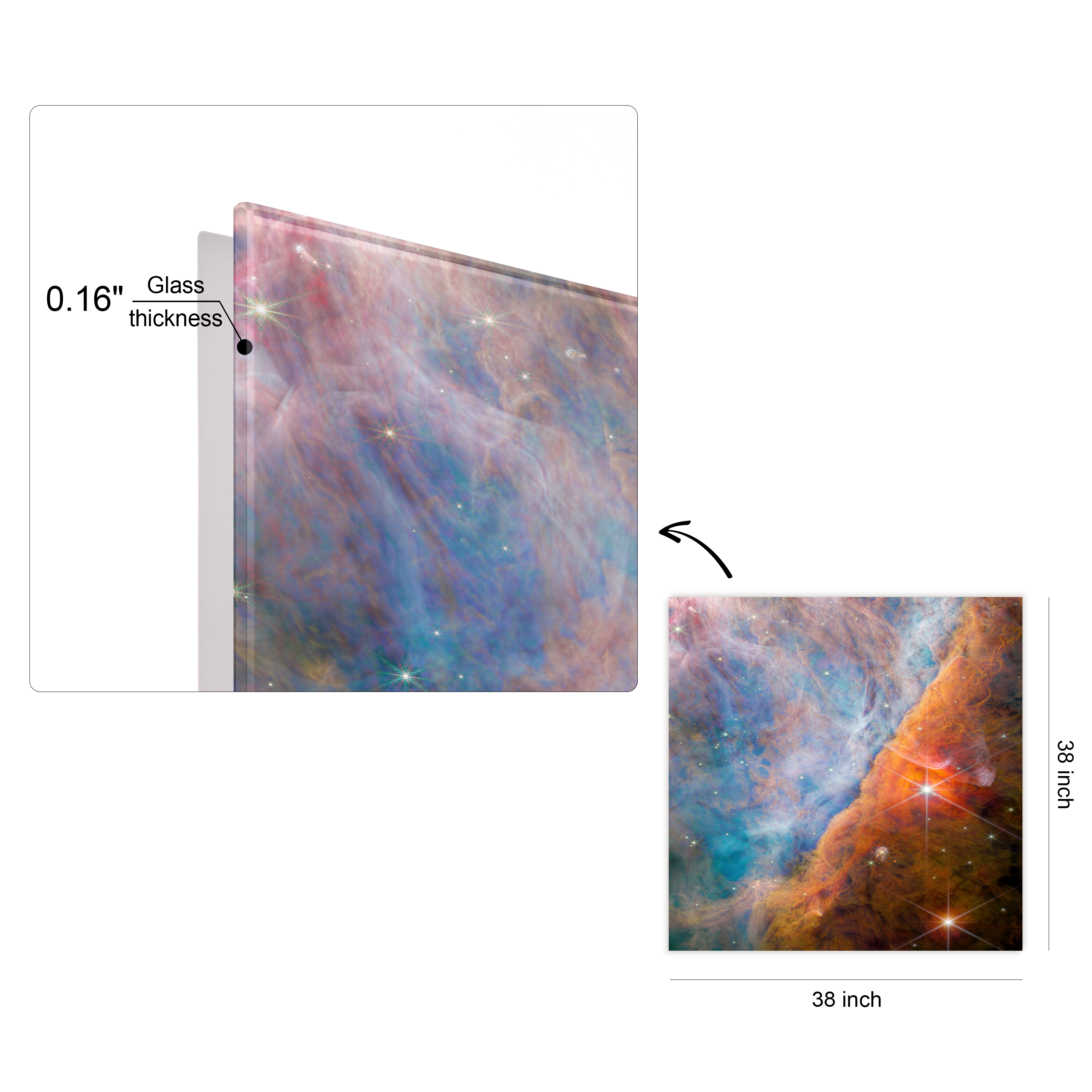 "Shimmering Orion Nebula" Frameless Free Floating Reverse Printed Tempered Art Glass Wall Art