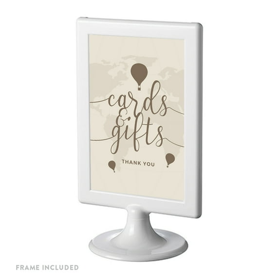 Hot Air Balloon World Map, Vintage Tan Brown, Double-Sided 4x6-inch, Cards & Gifts, Includes Reusable Frame