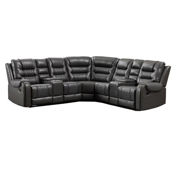 Pemberly Row Manual Recliner Sectional Sofa Set PU Leather L-Shaped Couch Gray
