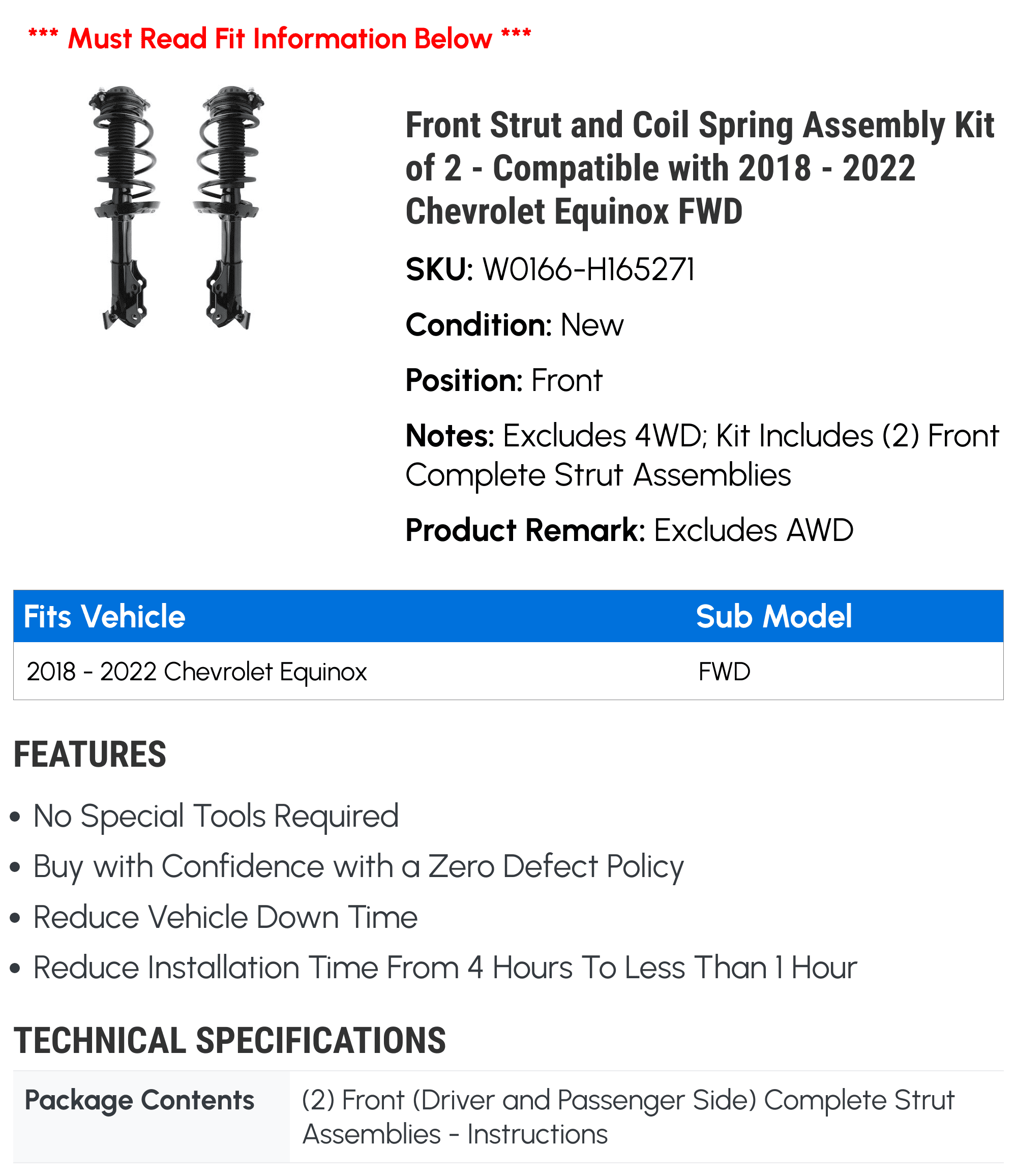 Front Strut and Coil Spring Assembly Kit of 2 - Compatible with 2018 - 2022 Chevy Equinox FWD (Excludes 4WD) 2019 2020 2021