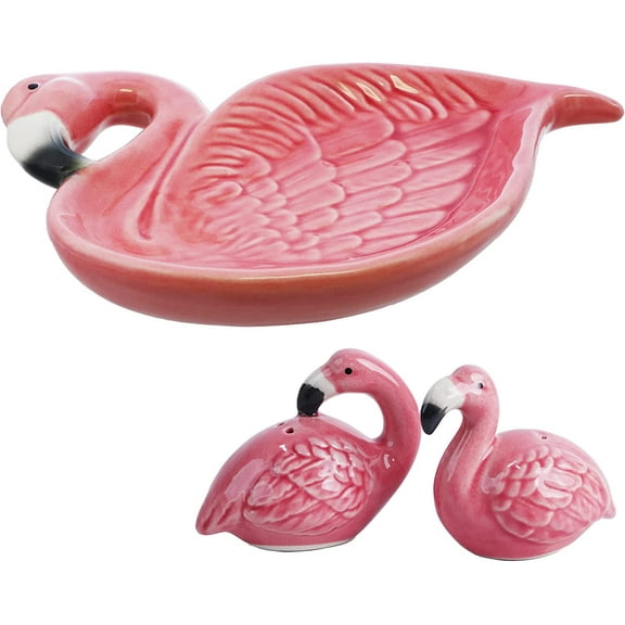 Flamingo Gift Set Salt & Pepper Shakers and Ceramic Flamingo Dish