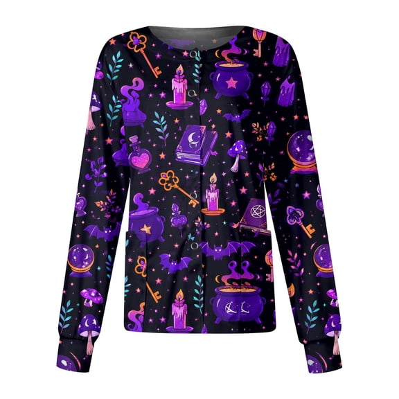 Garbnen S-5XL Halloween Scrubs Jacket for Women Funny Pumpkin Ghost Candy Nurses Uniforms Scrubs for Women Snap Front Fall Women Workwear with Pocket Purple XXXL