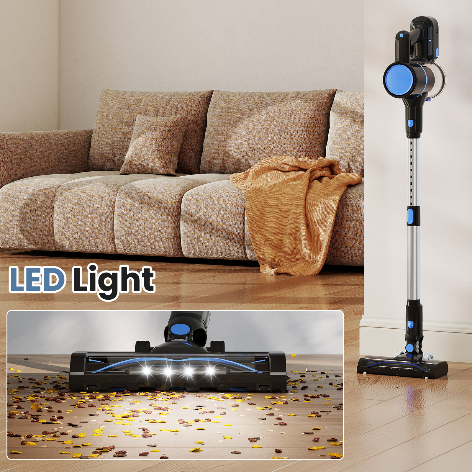 MCQ 3-in-1 Cordless Stick Vacuum Cleaner, Lightweight with LED Headlight for Carpet, Floor & Pet Hair, Blue-Silver