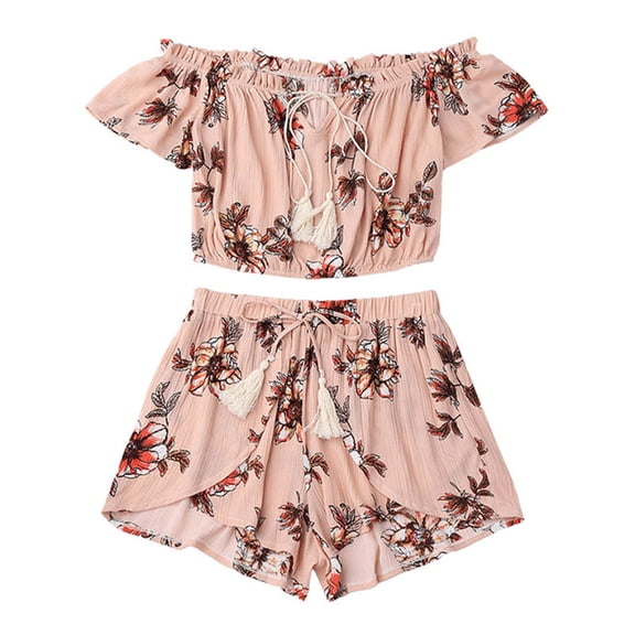 DHFJKG 2 Piece Outfits For Women Summer Off Shoulder Shorts Set Floral Printed Short Sleeve Crop Top Boho Beach Vacation Clothes Trendy Outfit