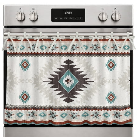 Oven Skirt Curtain Teal Brown Bohemian Oven Curtain with 8 Ribbon Ties & Ruffle Trim Stove Cover Aztec Boho Tribal Oven Skirts for Stove Dishwasher Cabinet Over Sinks Kitchen Decor 32x24 Inch