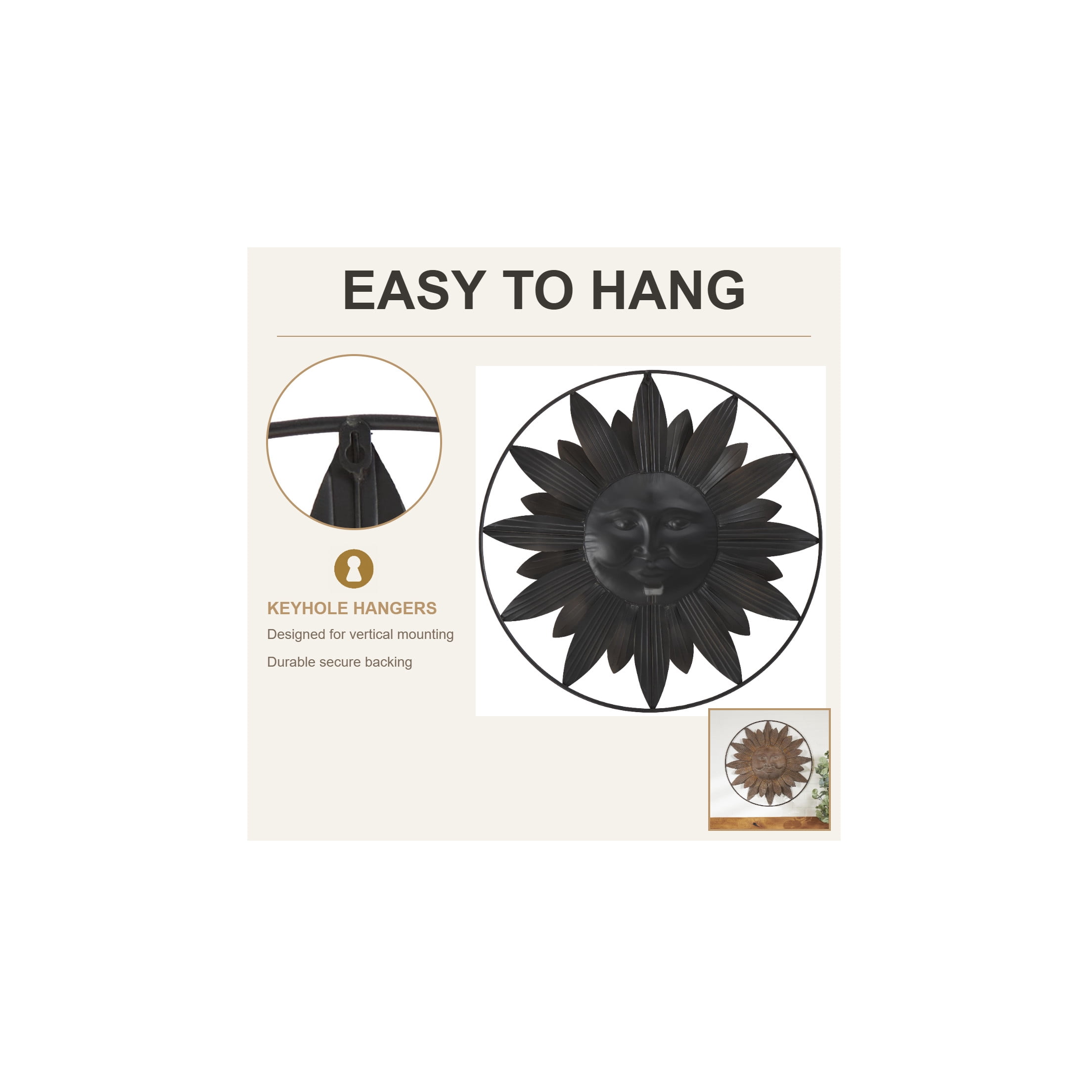 DecMode Rustic Metal Carved Sun Face with Rays Wall Décor, 30"D with Bronze Gold Distressed Finish