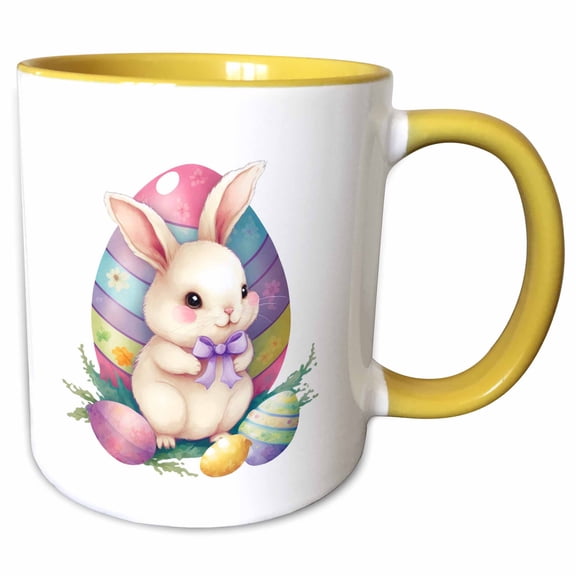 3drose, Pretty Easter Bunny Sitting in Front of an Easter Egg, 11oz Two-tone Yellow Mug