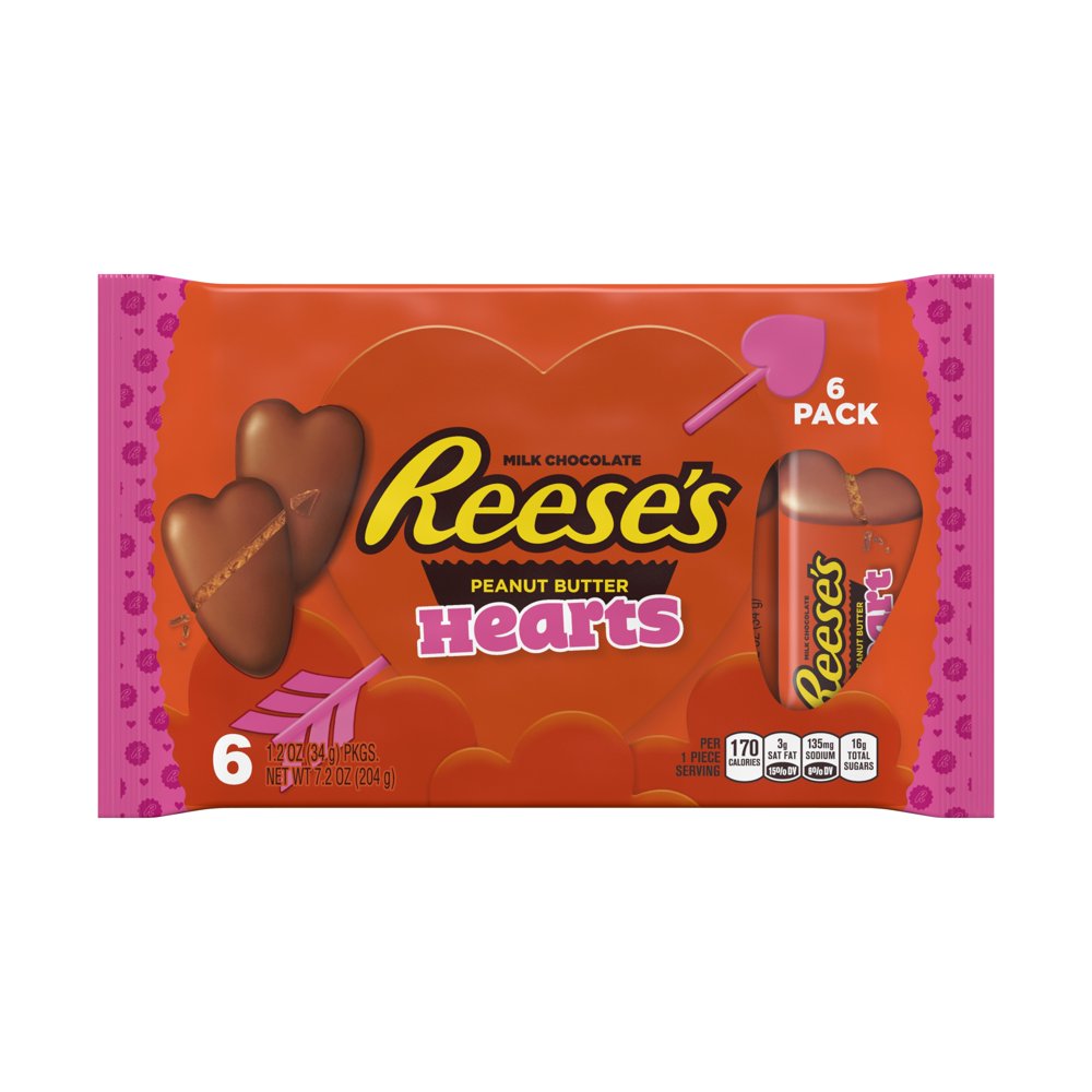 REESE'S, Milk Chocolate Peanut Butter Valentine's Day Hearts Candy, 7.2 Oz. Pack (6 Pack