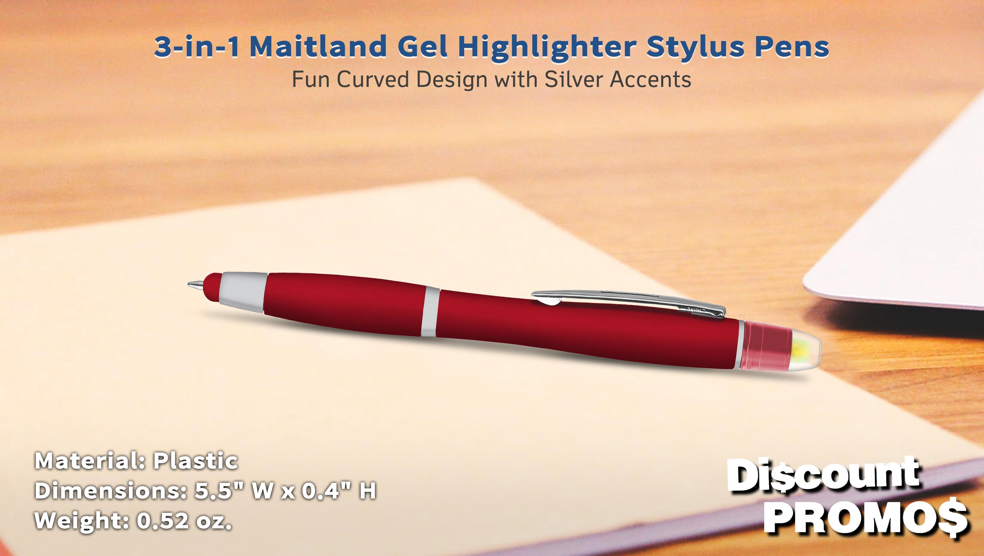 10 Maitland Gel Highlighter Stylus Pens Pack - Ballpoint, Black Ink - Red