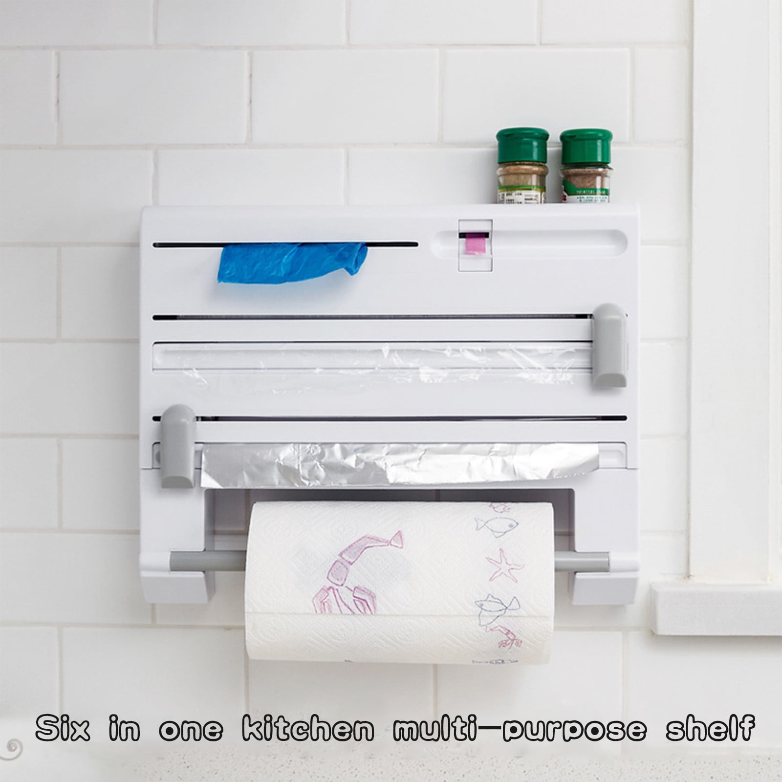 6-in-1Kitchen Storage Rack,Multifunctional Tin Foil Cling Film Cutter,Plastic Wrap Cling Film Foil Dispenser,Wall-Mount Storage,Rack Paper Towel Holder