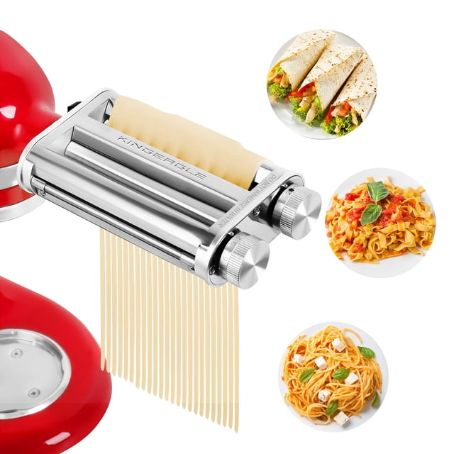 Accessoire pour Machine à Pâtes pour Batteur sur Socle KitchenAid, Rouleau à Pâtes 3-en-1 en Acier Inoxydable avec Coupe-Spaghettis et Fettuccines, 8 Réglages d'Épaisseur, 5,7-