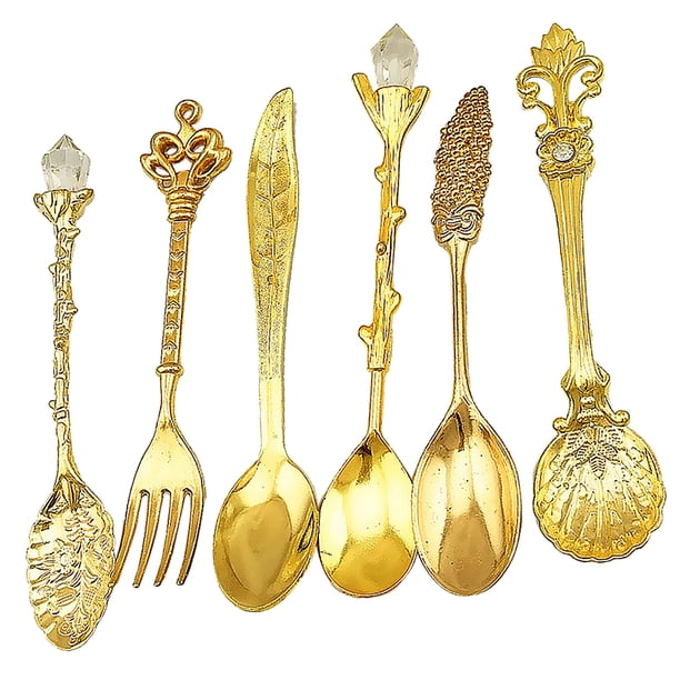 Cucharas y Tenedor Vintage Sunnimix Estilo Real Tallado Oro