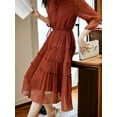 thumbnail image 3 of Fairy-like Silk Pleated Lace Puff Sleeves Smooth Crepe A-line Midi Skirt Dress, Rustic Red, Medium, 3 of 5