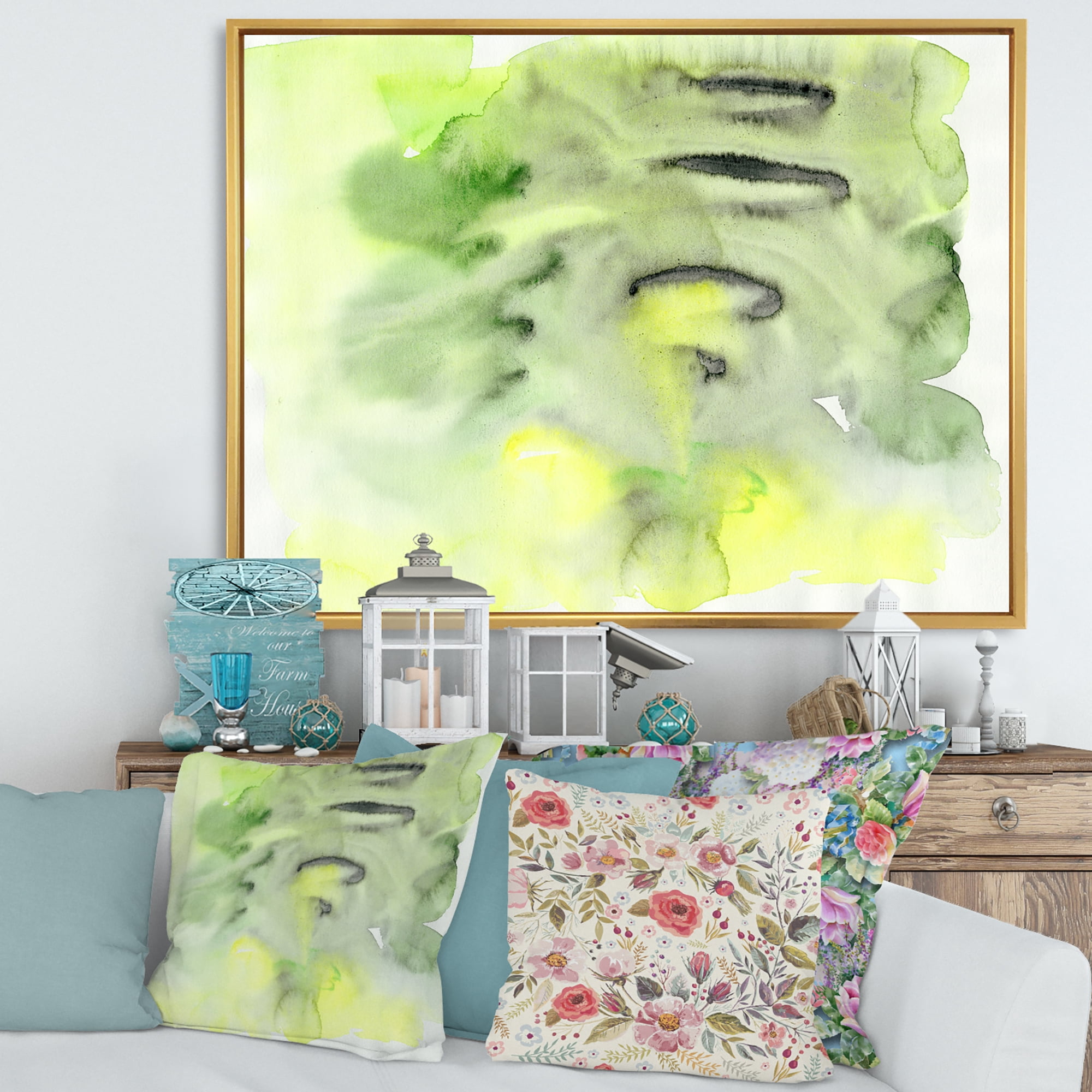 Designart 'Abstract Pond of Yellow and Green' Modern Framed Canvas Wall Art Print