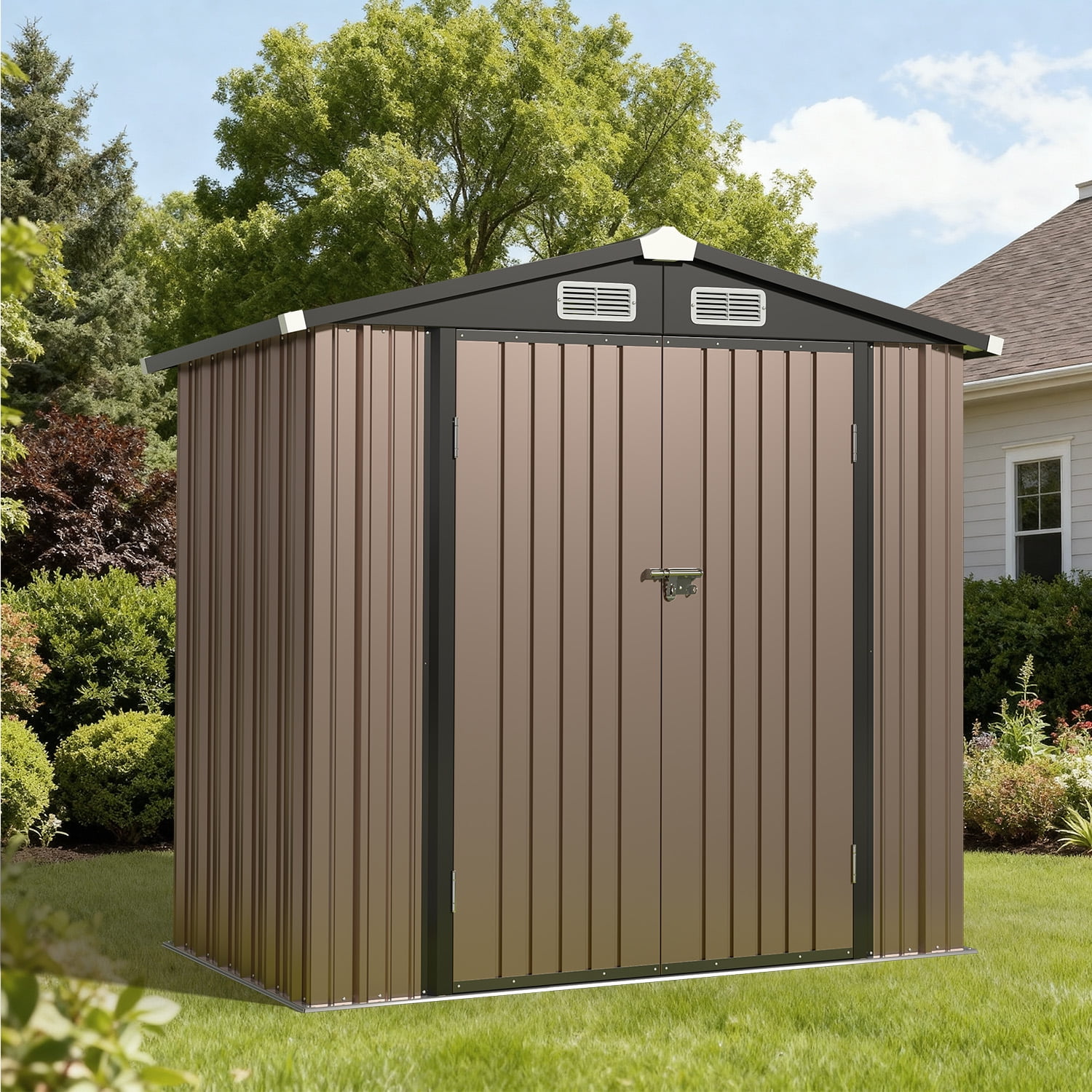 BaPiPro 6 x 4ft Metal Outdoor Storage Shed, Tool Shed with Lockable Door & Sloped Roof for Backyard & Patio, Brown
