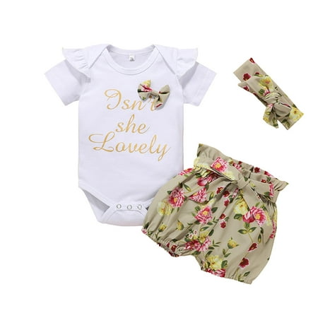 

Kiplyki Kids Deals Pants Infant Girls Letter Floral Print Fly Sleeve Romper+Bowknot Shorts Outfits