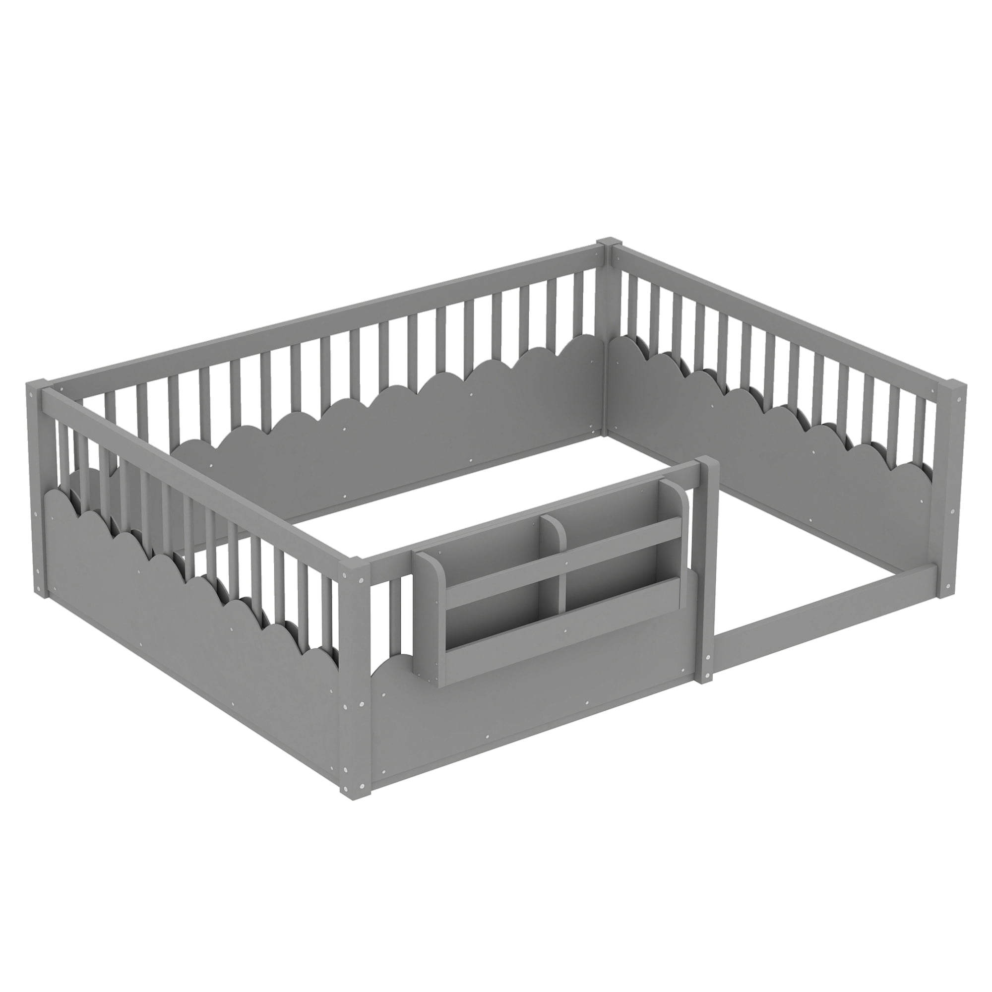 Mintazer Full Montessori Floor Bed with Bookshelf & Heightened Fence, Kids Wood Floor Bed for Boys and Girls, Gray