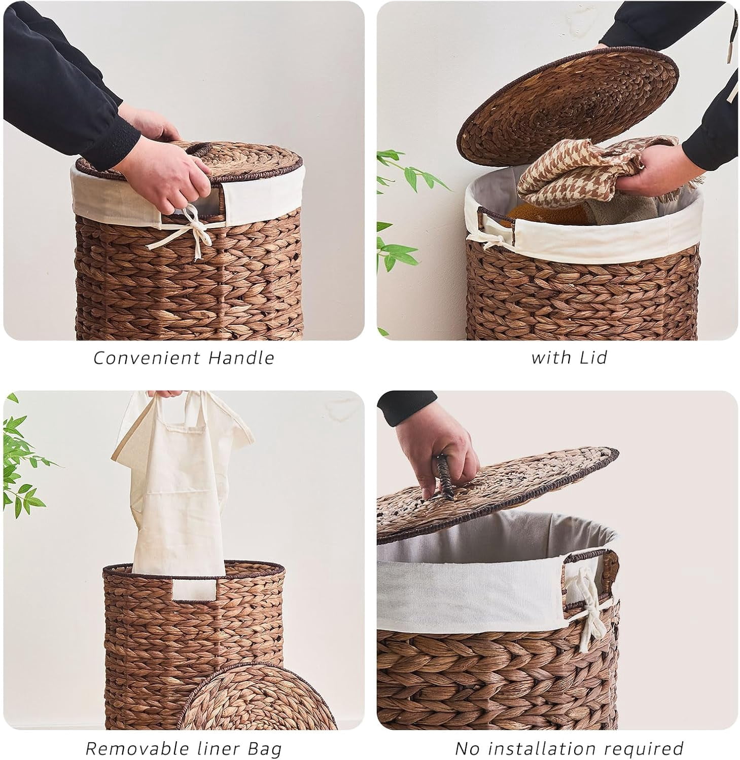 Casa Pura Furniture Handwoven Round Water Hyacinth Laundry Hamper with Lid, 60L Wicker Storage Basket with Handles, No Assembly Needed for Bedroom Bathroom Home Organization