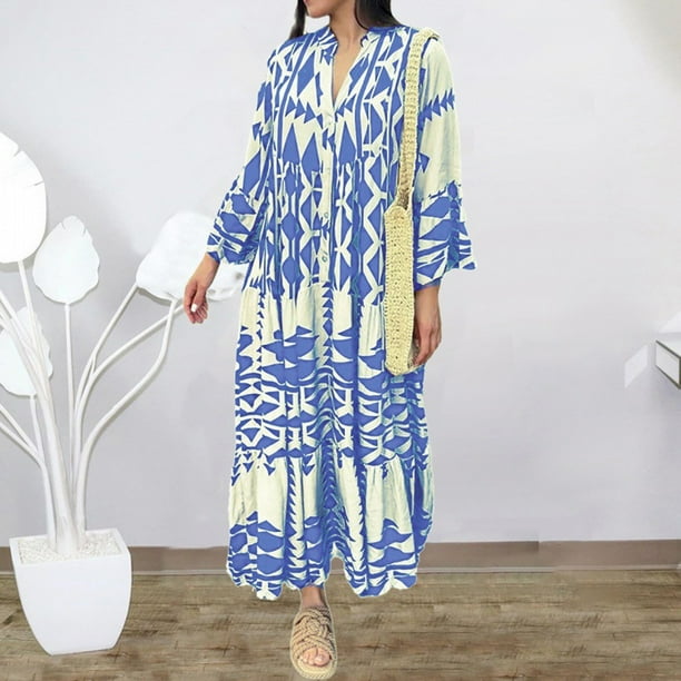 WILLBEST Vestido Informal de Manga Larga para Mujer, Cuello En V , Talla Grande, Largo Escalonado, Bohemio, Holgado, para Playa Grande