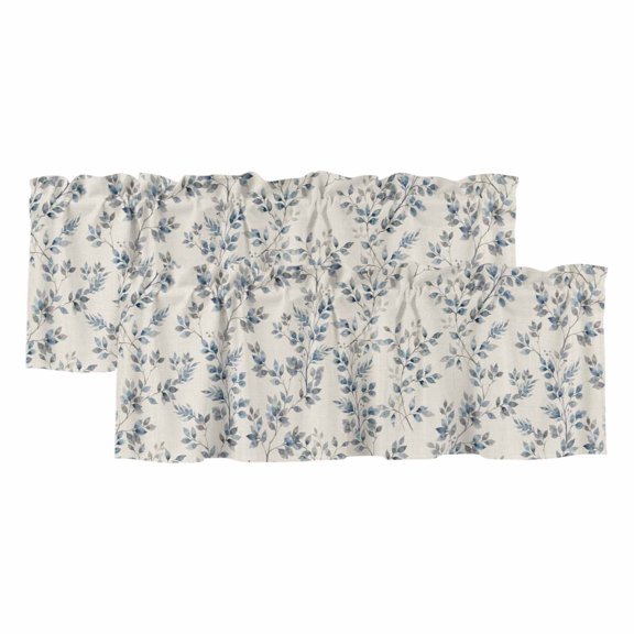 Navy Blue Leaves Curtain Valances for Windows, Kitchen Valance Window Treatments Panel 2 Pack, Vintage Summer Botanical Farmhouse Rustic Rod Pocket Short Curtains for Bathroom Bedroom 42 x 18 Inch