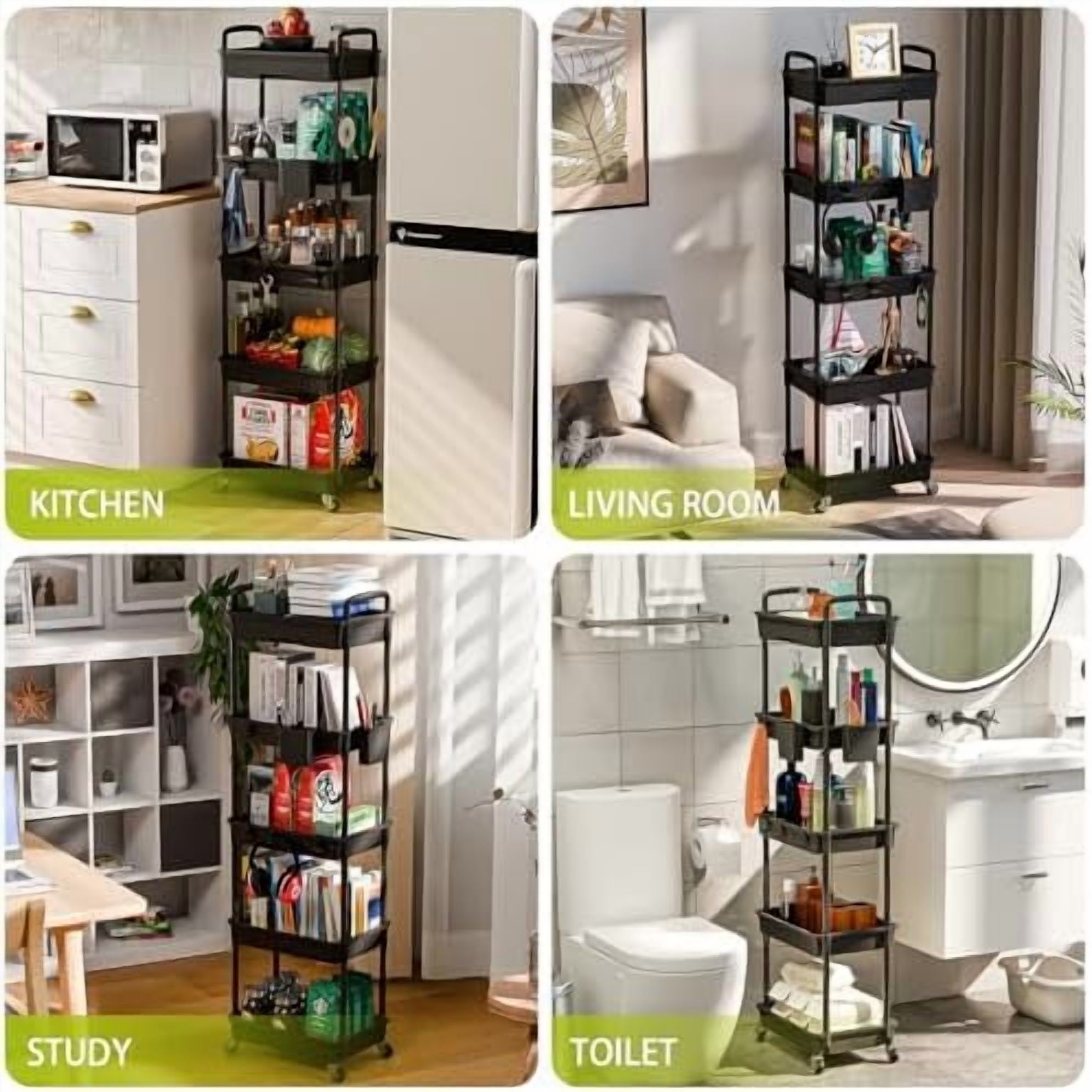 5 Tier Rolling Cart Organizer,Bathroom Cart Organizers with Wheels Laundry Room Organization Mobile Shelving Unit Utility Cart Storage Shelves Multi-Functional for Office, Home(Black)