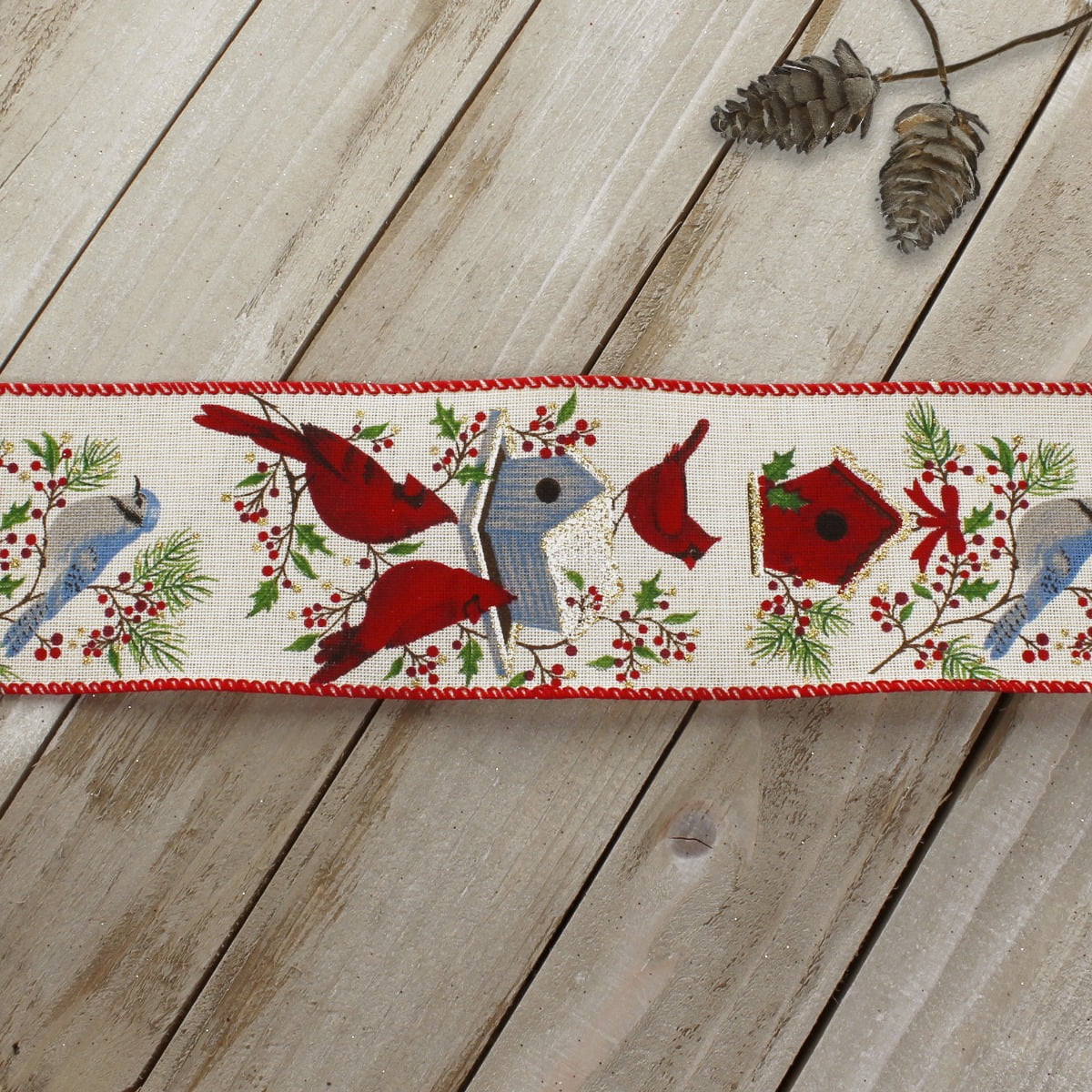 Ribbon Traditions Cardinal / Bluebird on Cream Wired Ribbon 2 1/2" by 10 Yards