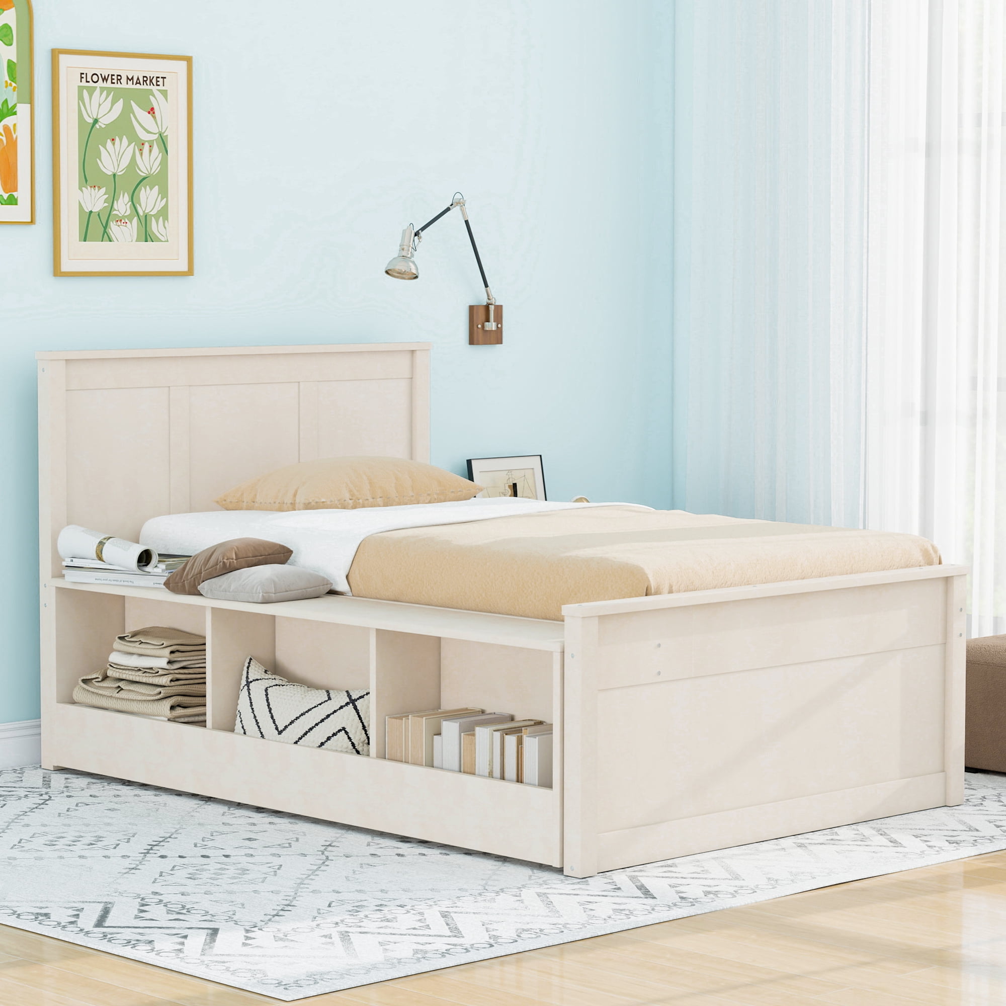 Euroco Wood Twin Size Platform Bed with Trundle and Storage Cabinets, Cream White