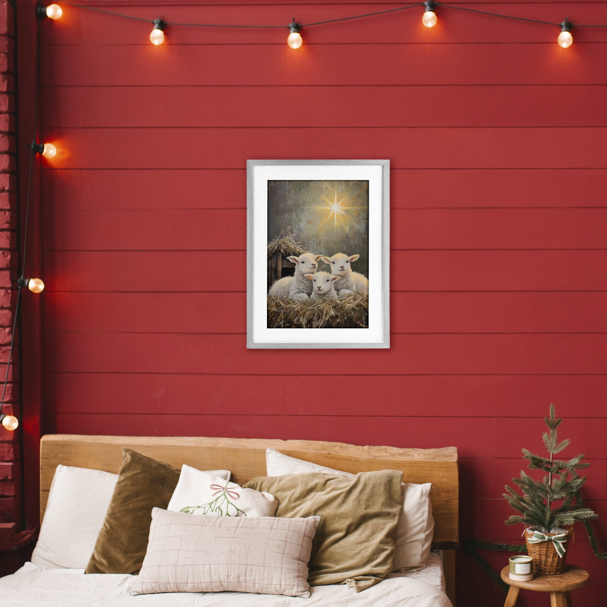 Festive Lambs in Stable Gray Framed Print Under Glass, design by Petal Prints Design