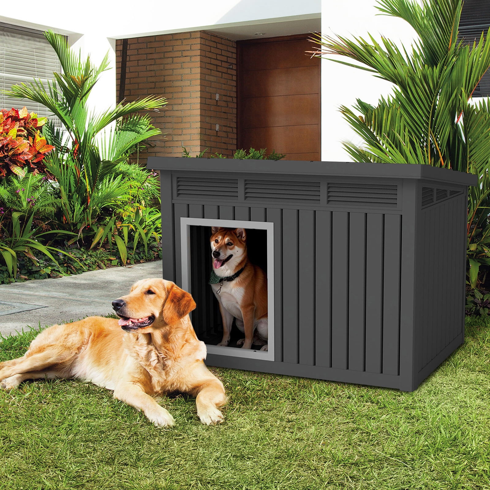 Large Dog House for Indoor and Outdoor Use Weatherproof Roof Removable Floor Spacious Kennel for Medium to Large Dogs with Ventilation and Easy Clean Top Black