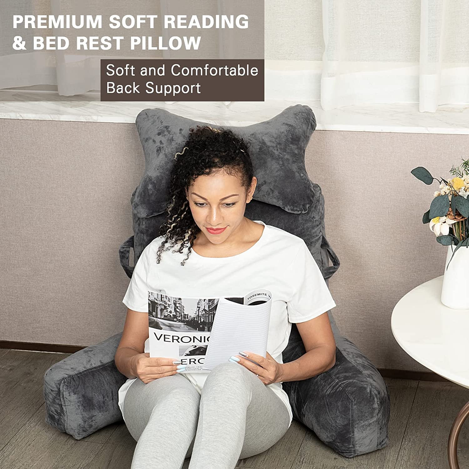  Reading Pillow-Bed Rest Pillow with Detachable Neck Roll &  Higher Support Arm for Sitting in Bed Couch or Floor-Backrest Reading Pillow  Adult Back Pillow for Reading/Watching TV/Gaming/Relaxing : Home & Kitchen