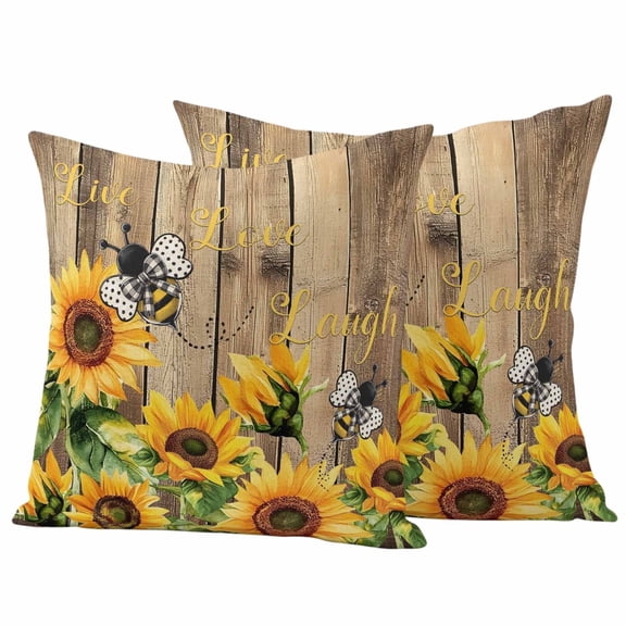 2 Pack Outdoor Waterproof Throw Pillow Covers,Farmhouse Sunflower Bee Watercolor Decorative Square Patio Pillowcases for Chair Couch Sofa 16x16in