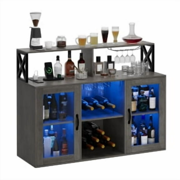Juiluna Bar Cabinet for Home, Wine Cabinet with Power Outlets, Led Lights and and Glass Holder, Liquor Cabinet with Storage, Racks for Home, Kitchen