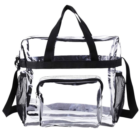 Clear Bag for Stadium Events, 12x6x12 inches Tote Bag with Detachable Reinforced Strap for Sports Concert and Work(Black)