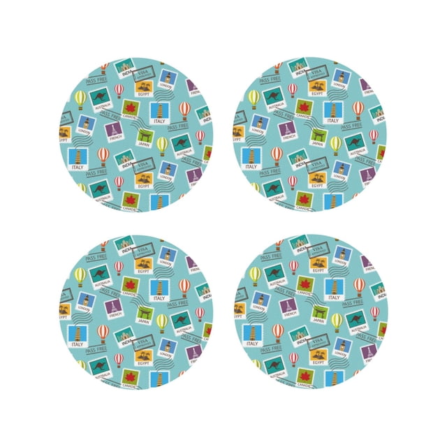 Vsdgher World Travel1 Print Leather Coasters for Drinks, Durable Drink Coasters 4 Set for Tabletop Protection, Luxurious Home Décor and Housewarming Gift-Round Shape