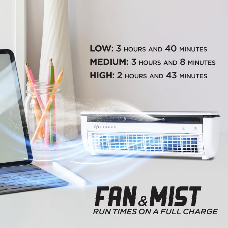 Icebox, Cooling Mist Fan, Portable with 8-Hour Run Time, 3 Speeds