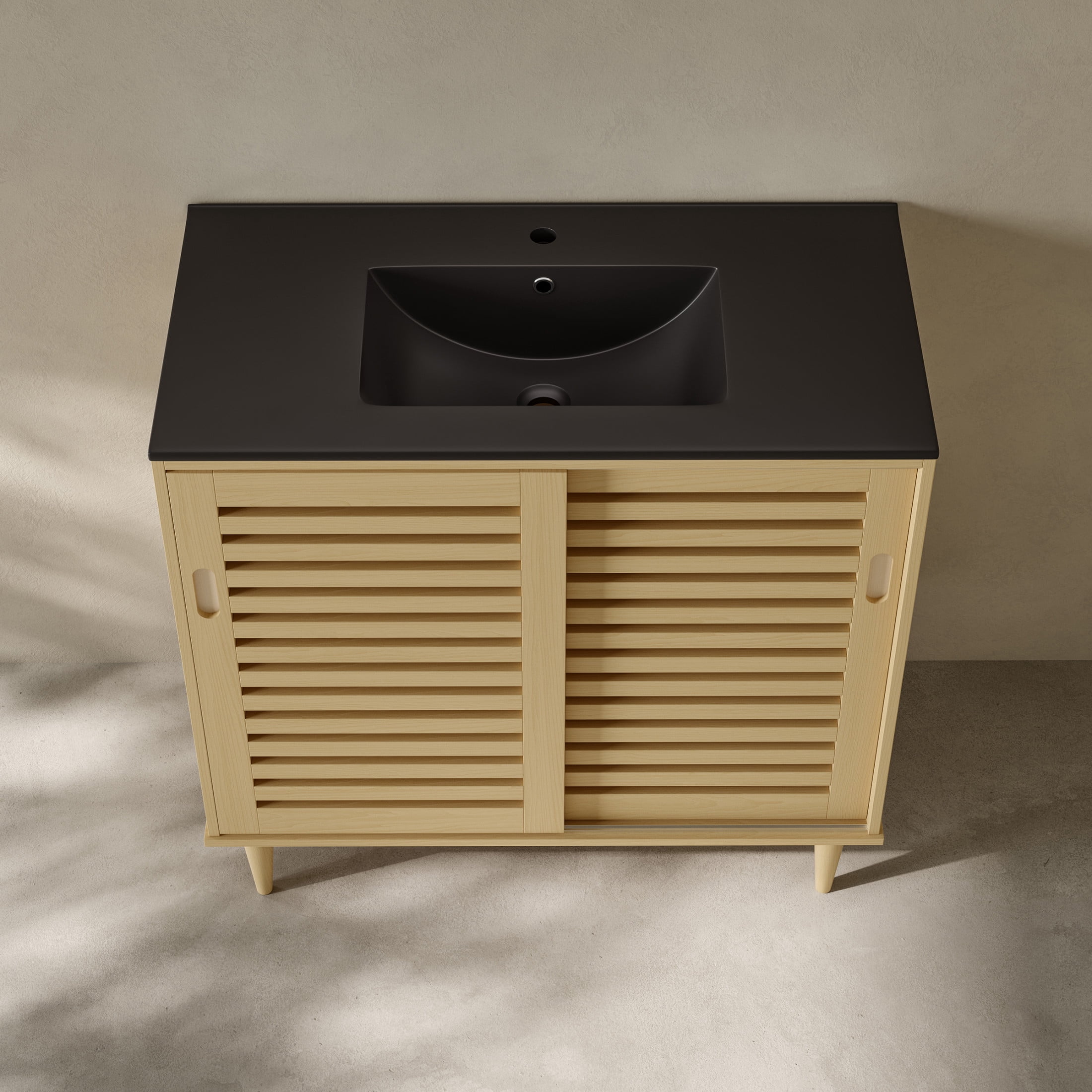 Delice 36" Freestanding Bathroom Vanity in Natural Oak with Black Sink Top