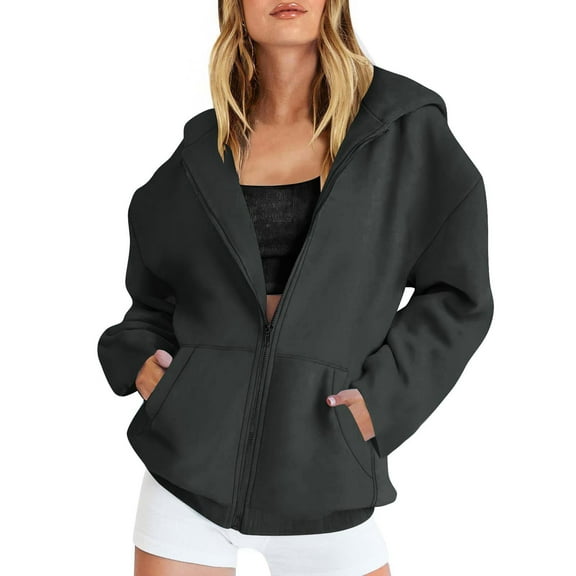 Fnooota Womens Hoodies with Zipper, Fall Lightweight Casual Long Sleeve Women's Sweatshirts Dark Gray Size S-2XL