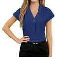 thumbnail image 5 of Asxite Womens Fashion Solid V Neck Button Short Sleeve Top Blue L, 5 of 5