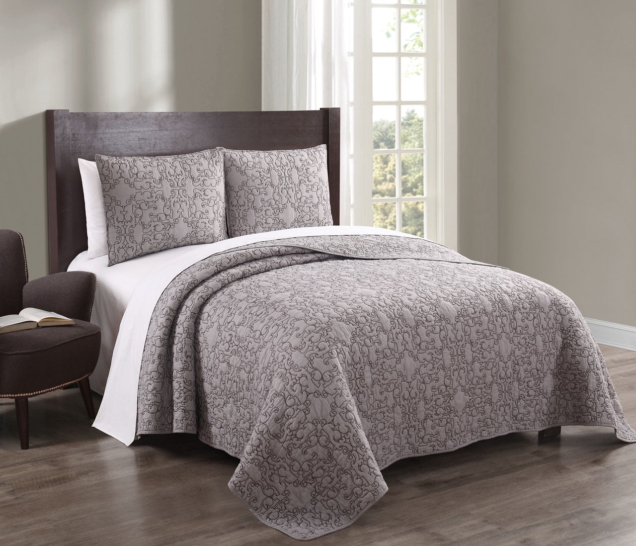 Gieselle Taupe Cotton Embroidered Quilt Set