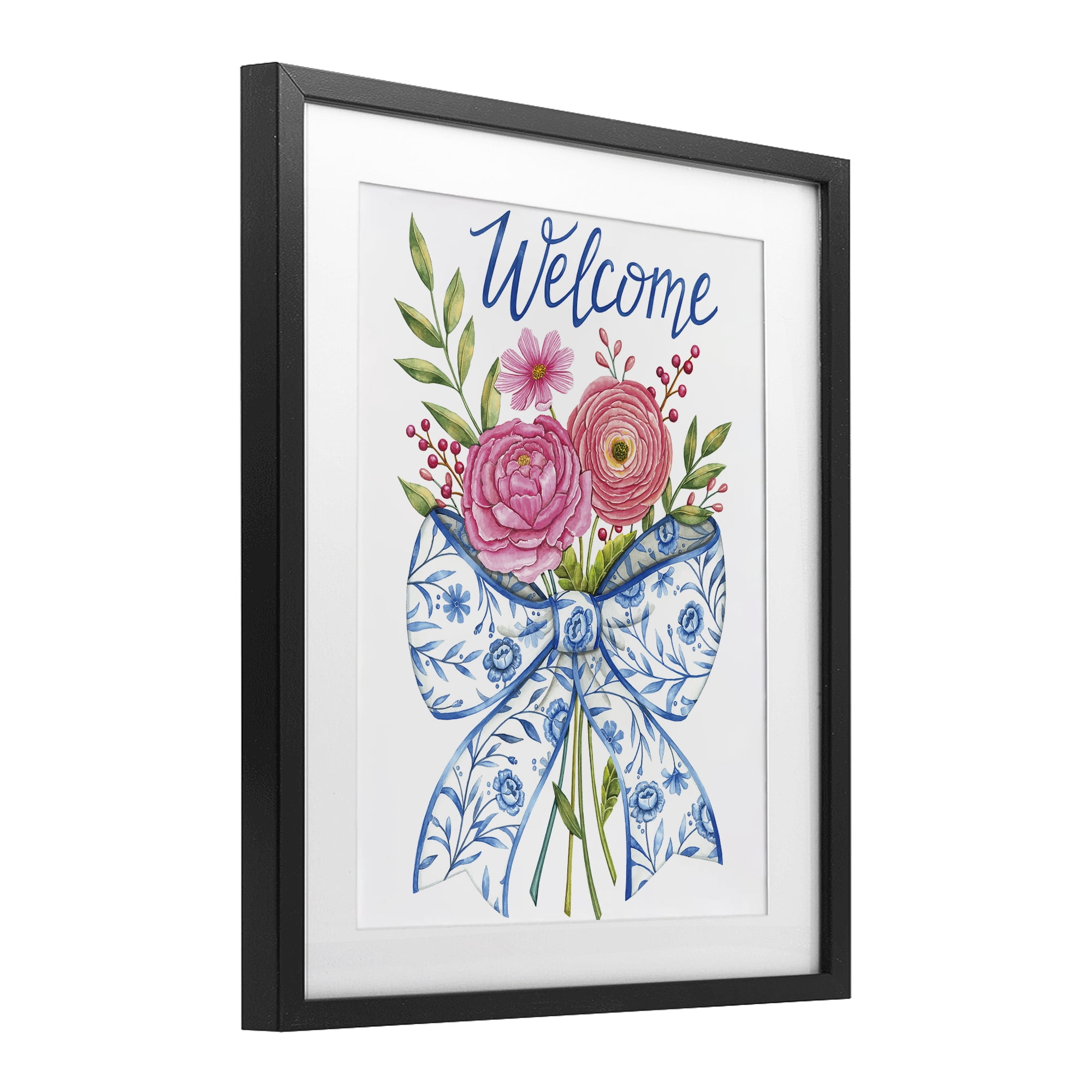 Stupell Industries Bow & Flowers Welcome Black Framed Print Under Glass, design by Deb Strain