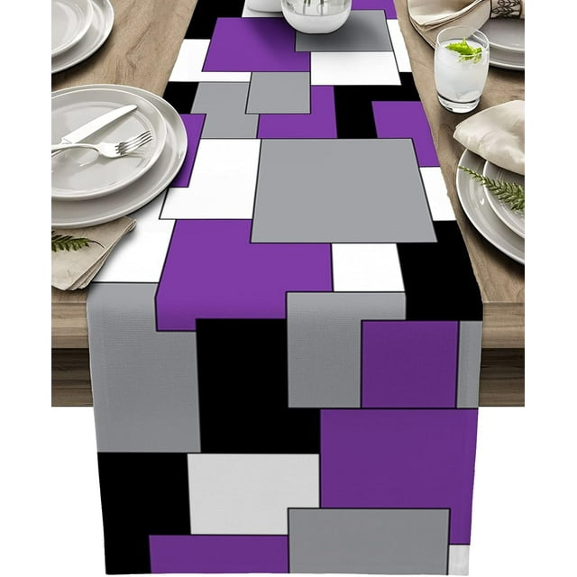Farmhouse Table Runner Linen Burlap Table Runners 36 Inches Long, Modern Purple and White Color Blocks Abstract Art Table Runner for Dresser, Party, Living Room, Dining Table Decor 13"x36"