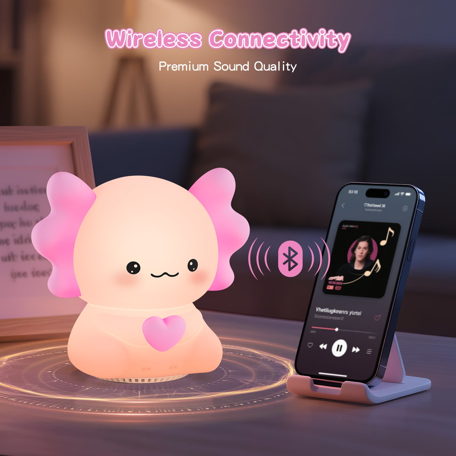 Axolotl Night Light with Sound Machine, Pink Silicone Touch Lamp, Wireless Speaker, Remote Control, Soft Touch, Baby Room Lamp